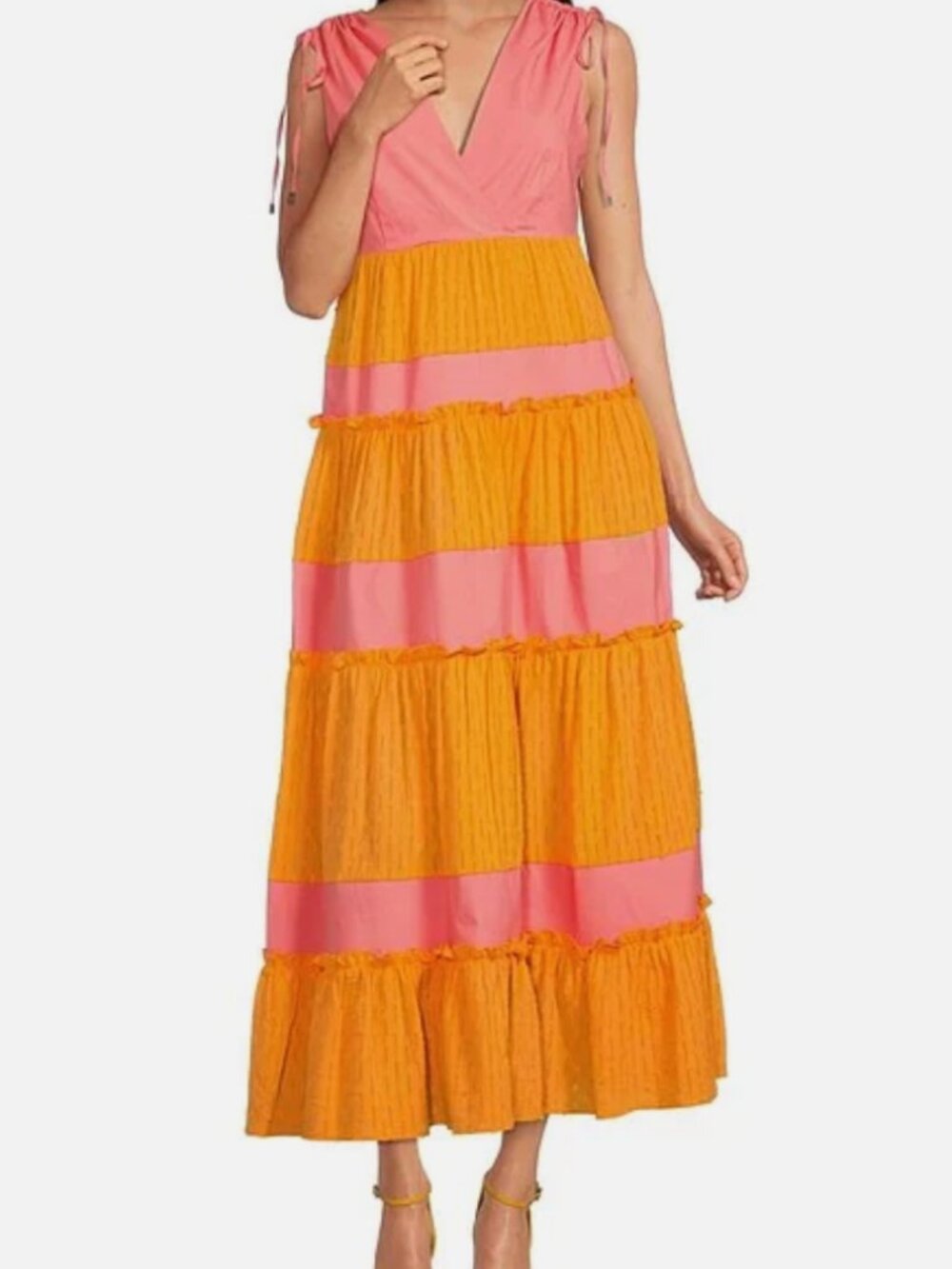 $219 LDT color block tiered dress size 2 coral and mango long flowy dress
